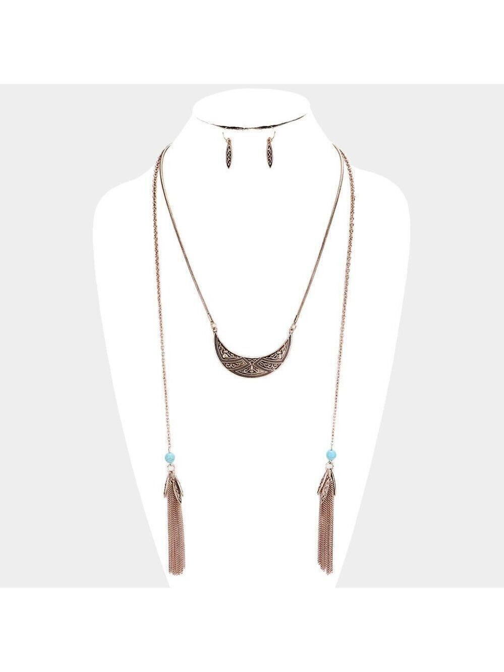 NEW Bohemian Rose Gold Metal Tassel Turquiose Long Necklace